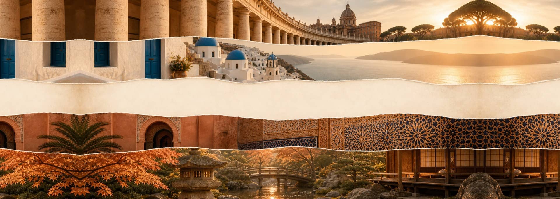 Iconic travel destinations: Roman colonnade, Santorini, Moroccan tilework, and a Japanese garden